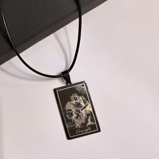 Men's Tarot Card Pendant, Occult Necklace For Men, Strength Necklace, Black Tarot Necklace, Stainless Steel Lion Necklace, Leather Necklace