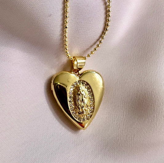 Virgin Mary Locket, Virgin Mary Heart Necklace, Gold Heart Locket Necklace, Sacred Heart Of Jesus Necklace, Valentine's Day Jewelry Gift