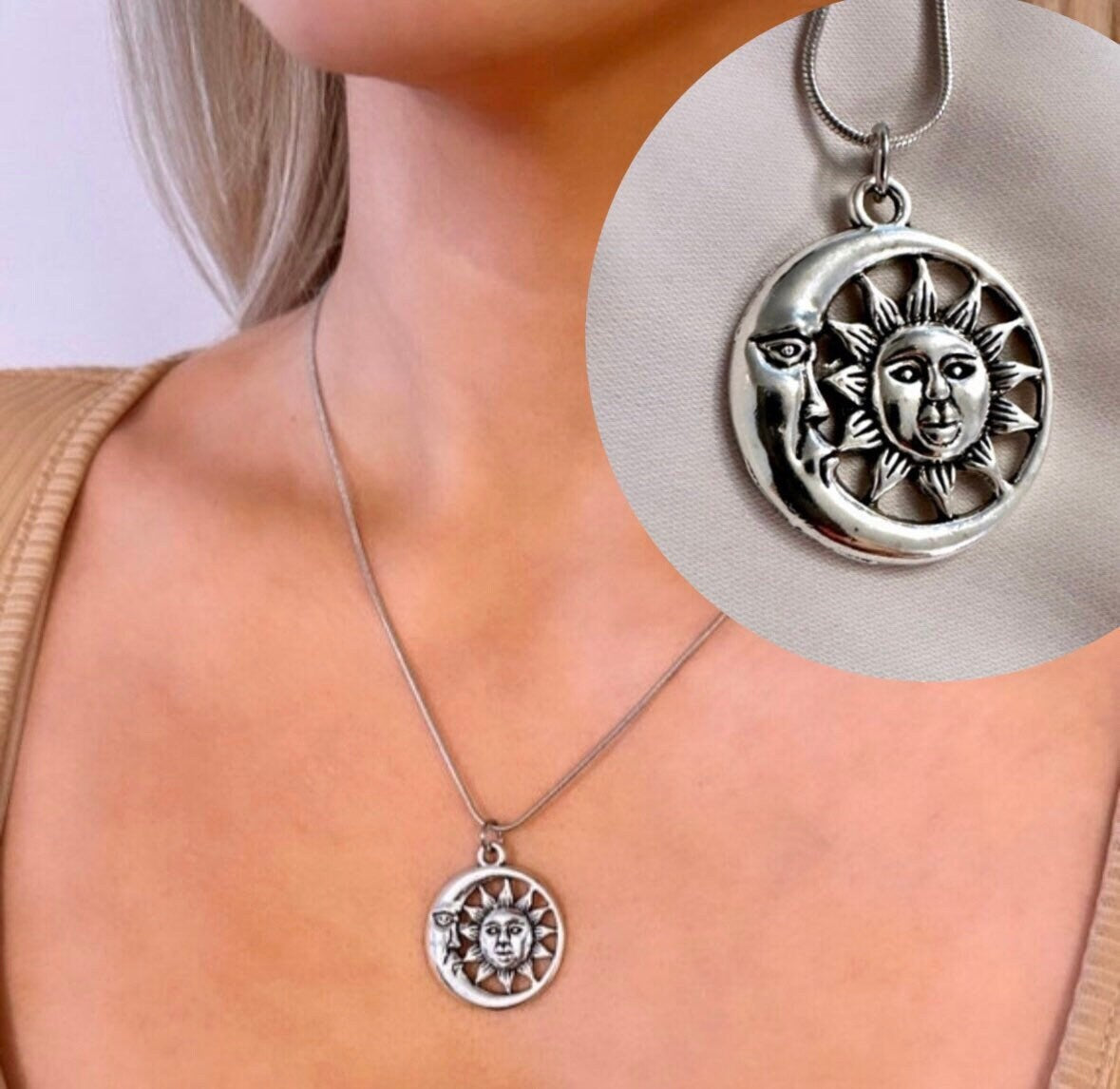 Silver Sun Moon Necklace, Moon Face Necklace, Sun Face Necklace, Silver Celestial Jewelry, Celestial Pendant, Tarot Necklace, Sun Moon Face