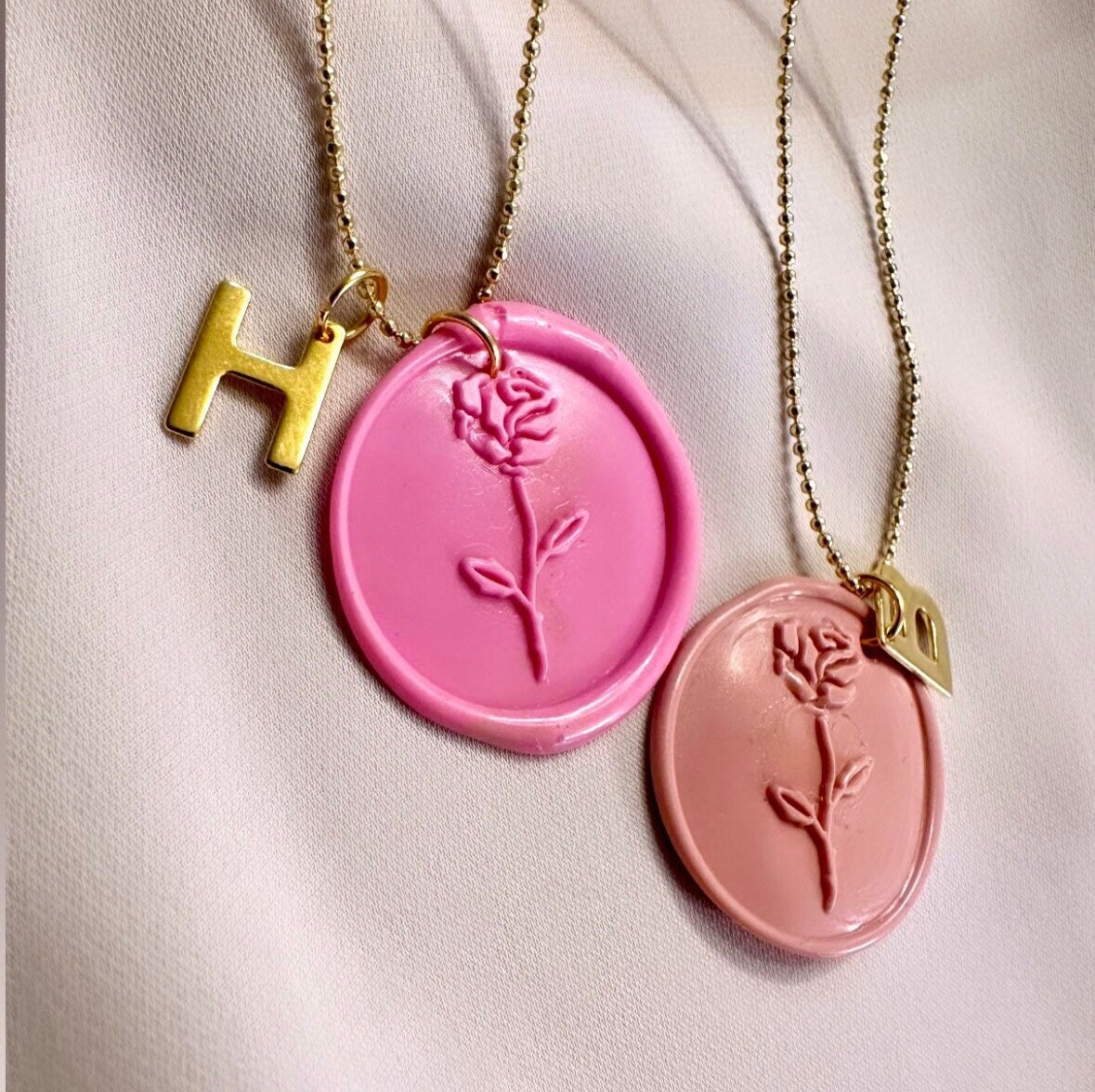 Pink Rose Necklace, Wax Seal Necklace, Custom Letter Necklace, Gold Initial Necklace Stainless Steel, Stamped Flower Necklace, Rose Pendant