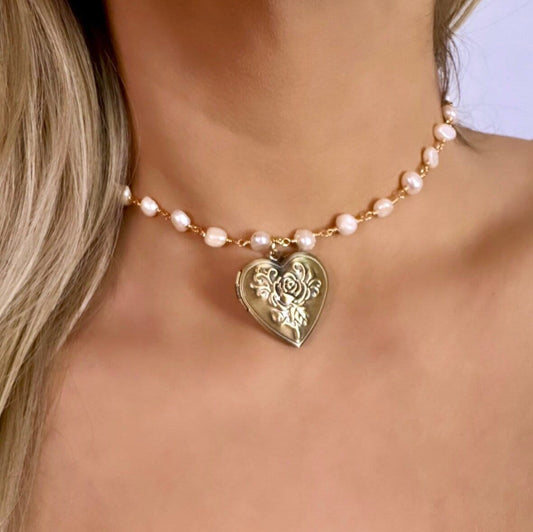 Pearl Locket Necklace, Bronze Heart Necklace, Antique Heart Locket, Antique Locket Necklace, Pearl Heart Necklace, Real Pearl Necklace