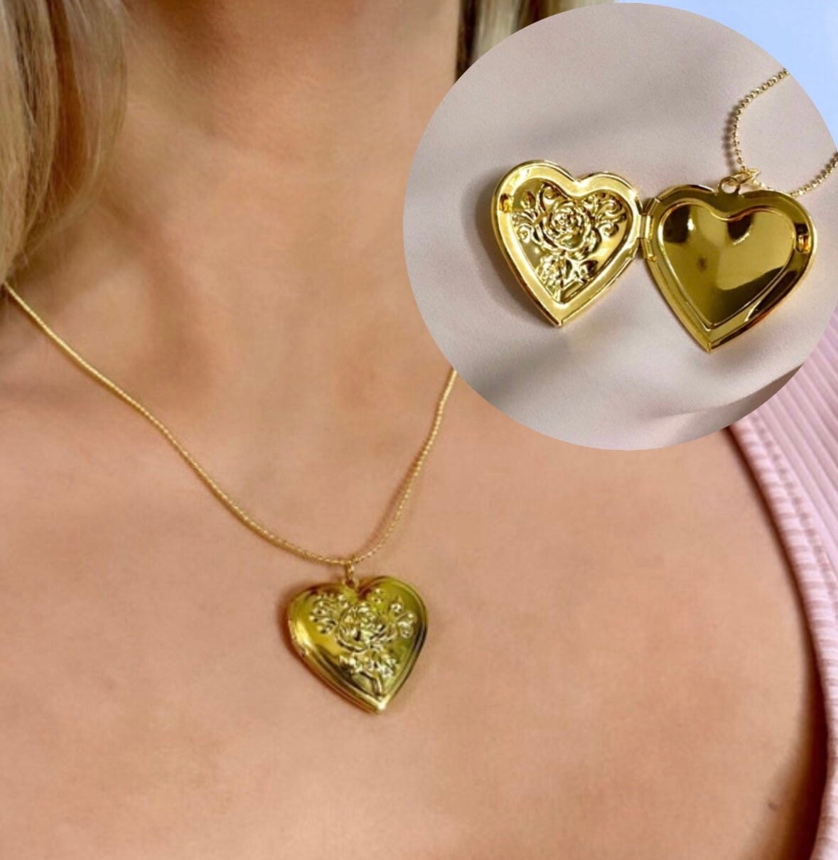 Gold Heart Locket Necklace, Heart Flower Locket, Valentine's Day Necklace, Heart Locket Necklace With Photo, Antique Style Necklace