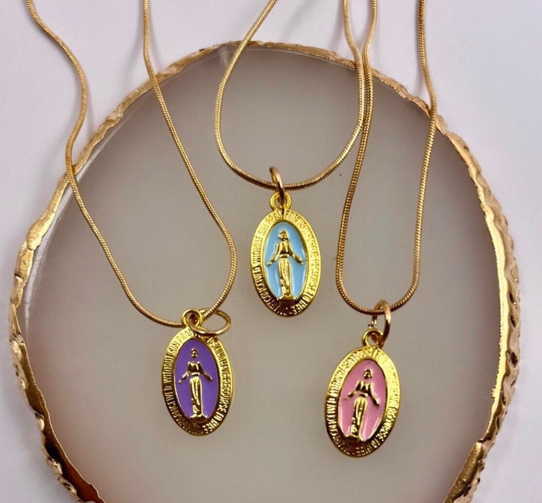 Gold Filled Virgin Mary Necklace, Miraculous Medal Pendant Necklace, Stainless Steel Medallion Necklace, Gold Women's Catholic Necklace