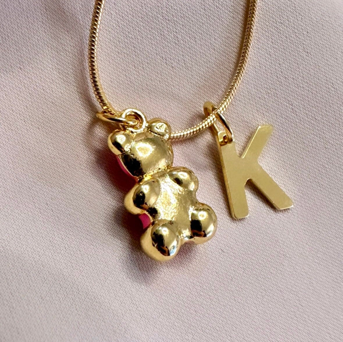 Gummy Bear Necklace, 18K Gold Letter Pendant, Teddy Bear Necklace Gold, Custom Initial Necklace, New Mom Necklace, Baby Shower Necklace