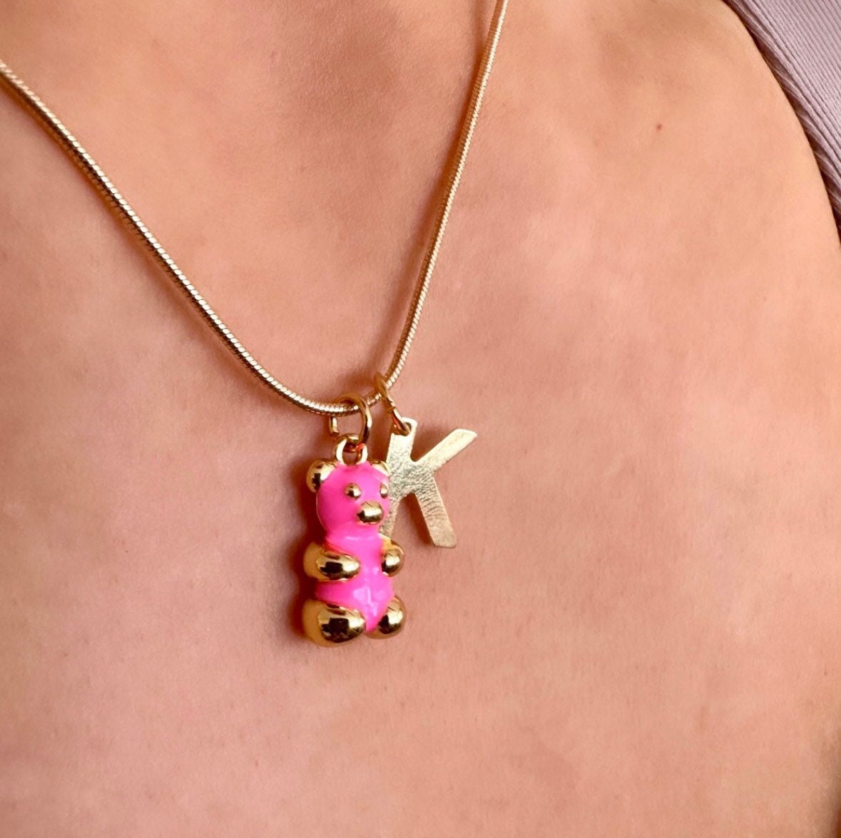 Gummy Bear Necklace, 18K Gold Letter Pendant, Teddy Bear Necklace Gold, Custom Initial Necklace, New Mom Necklace, Baby Shower Necklace