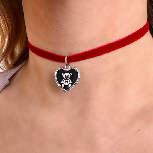 Teddy Bear Heart Necklace, Red Velvet Choker, Cute Bear Necklace, Velvet Heart Necklace, Teddy Bear Choker, Valentine's Day Bear Necklace