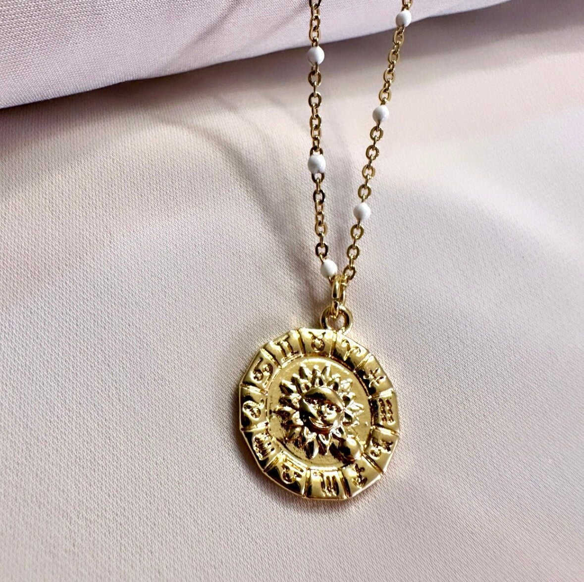 Sun Medallion Necklace, Zodiac Wheel Necklace, Gold Sun Necklace Dainty, Zodiac Medallion Necklace, Celestial Necklace Gold, Tiny Bead Chain