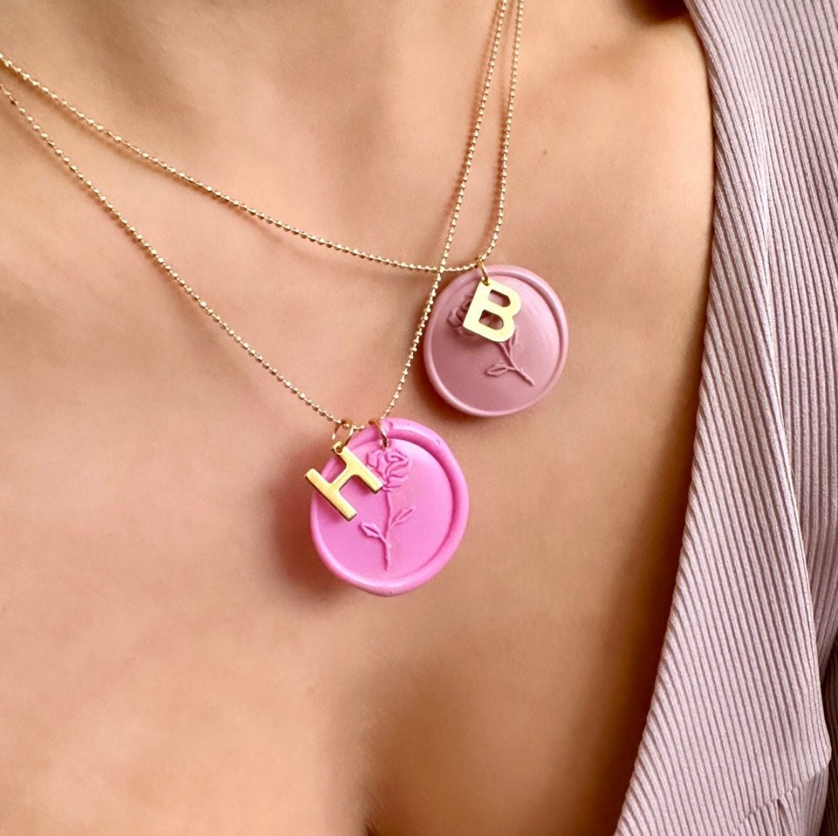 Pink Rose Necklace, Wax Seal Necklace, Custom Letter Necklace, Gold Initial Necklace Stainless Steel, Stamped Flower Necklace, Rose Pendant