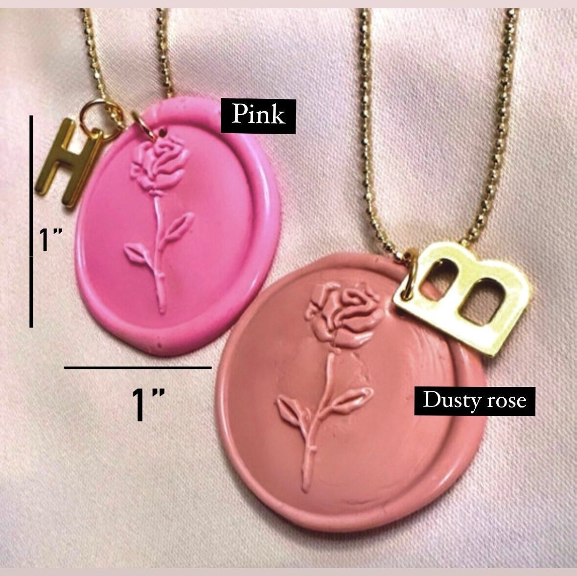 Pink Rose Necklace, Wax Seal Necklace, Custom Letter Necklace, Gold Initial Necklace Stainless Steel, Stamped Flower Necklace, Rose Pendant