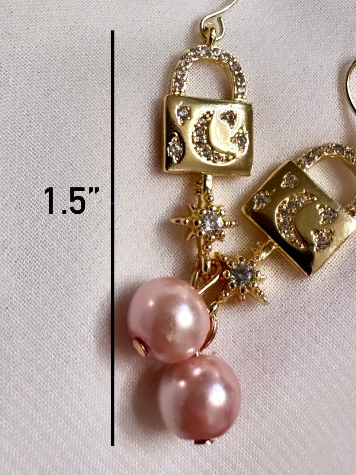 Gold Locket Earrings, 14K Gold Star And Moon Earrings, Pink Pearl Drop Earrings, Celestial Dangle Earrings, Gold Moon And North Star Earring