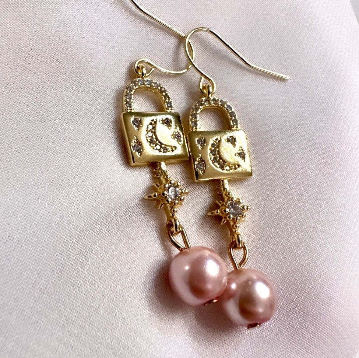 Gold Locket Earrings, 14K Gold Star And Moon Earrings, Pink Pearl Drop Earrings, Celestial Dangle Earrings, Gold Moon And North Star Earring