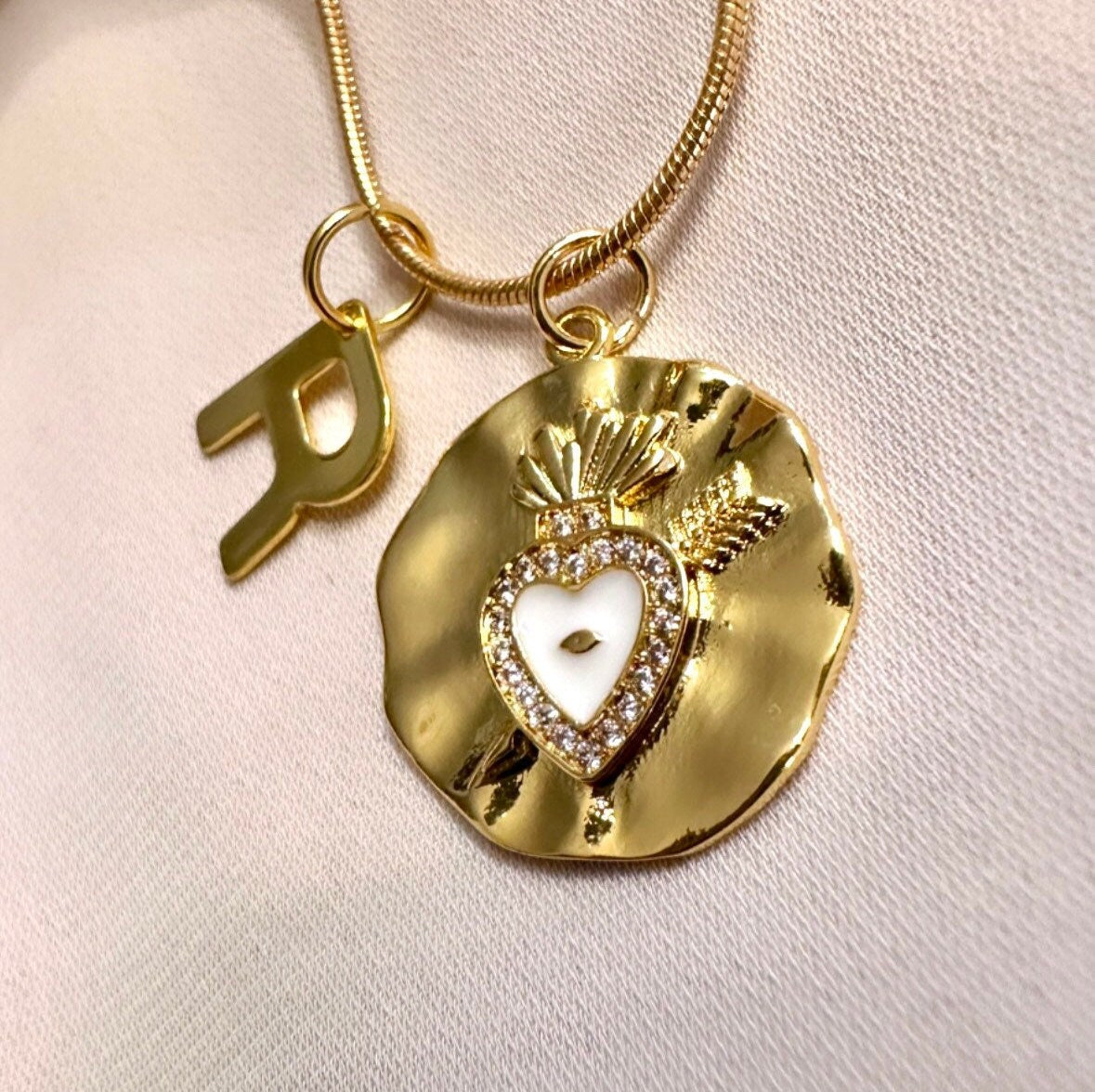 Gold Sacred Heart Necklace, Personalized Initial Necklace, Sacred Heart Pendant, Custom Letter Necklace, Enamel Heart Necklace, Custom Gift