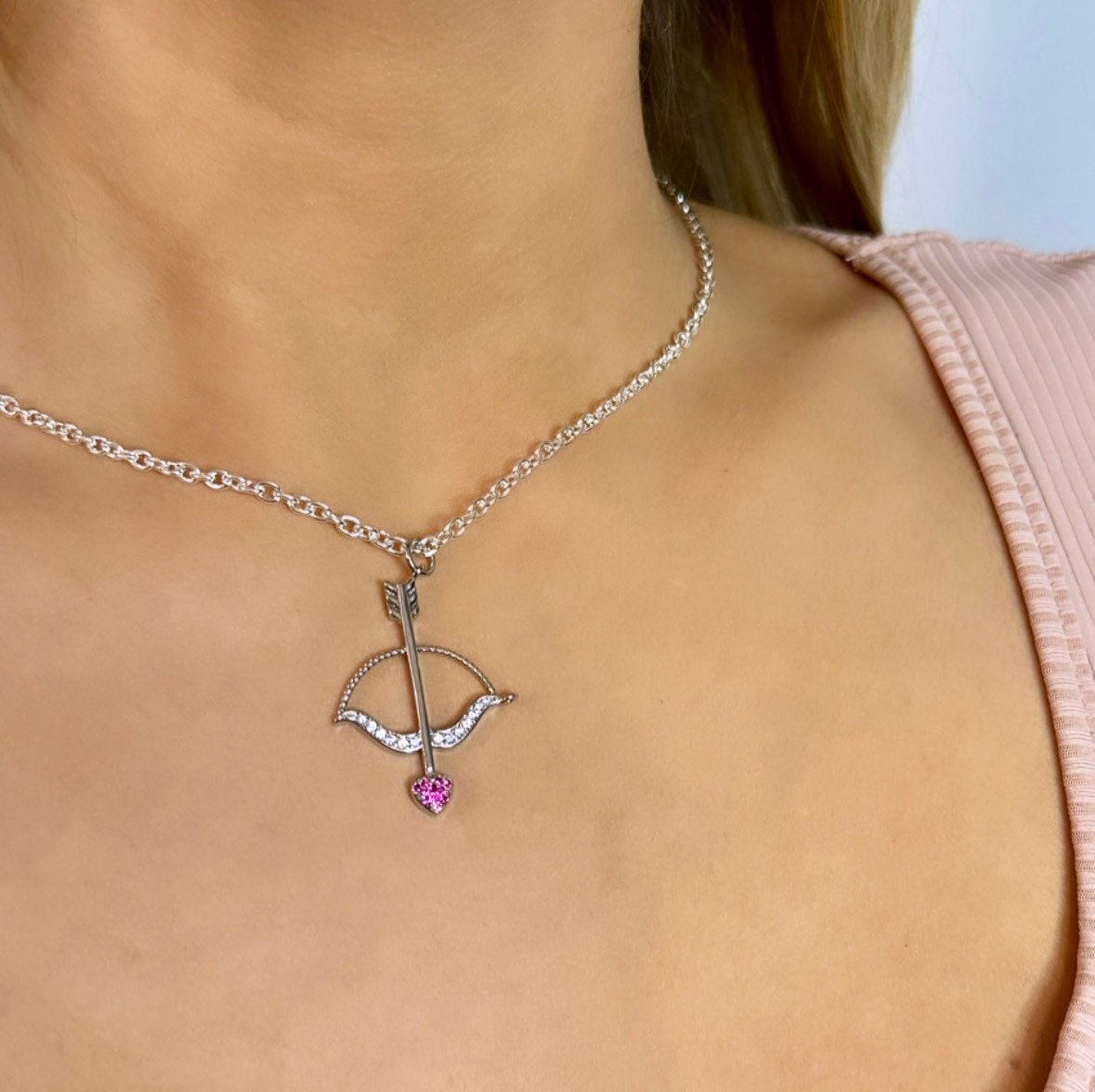 Valentine's Bow And Arrow Necklace, Heart Arrow Pendant, Bow Arrow Pendant Necklace, Cupid's Bow, Cupid's Arrow, Love Arrow Necklace,