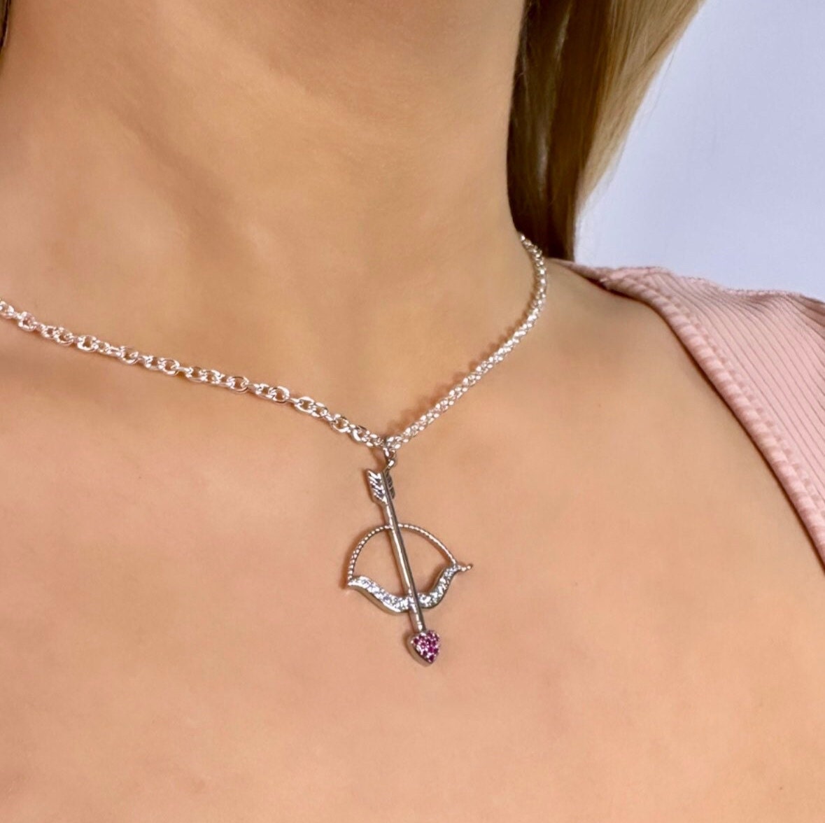 Valentine's Bow And Arrow Necklace, Heart Arrow Pendant, Bow Arrow Pendant Necklace, Cupid's Bow, Cupid's Arrow, Love Arrow Necklace,