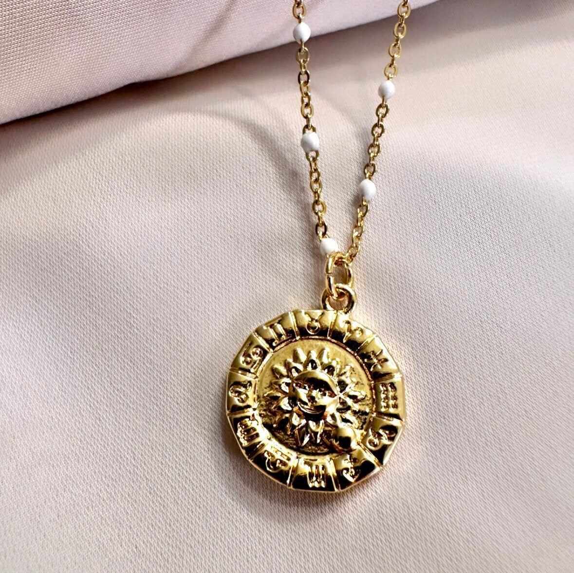 Sun Medallion Necklace, Zodiac Wheel Necklace, Gold Sun Necklace Dainty, Zodiac Medallion Necklace, Celestial Necklace Gold, Tiny Bead Chain