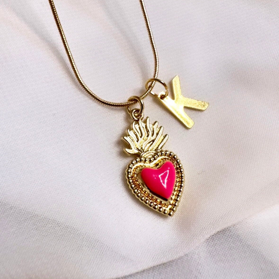 Gold Letter Heart Necklace, Gold Sacred Heart Necklace, Pink Heart Necklace, Tiny Milagro, Enamel Heart Necklace, Initial Heart Pendant