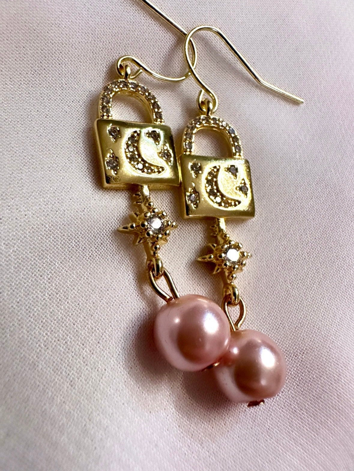 Gold Locket Earrings, 14K Gold Star And Moon Earrings, Pink Pearl Drop Earrings, Celestial Dangle Earrings, Gold Moon And North Star Earring