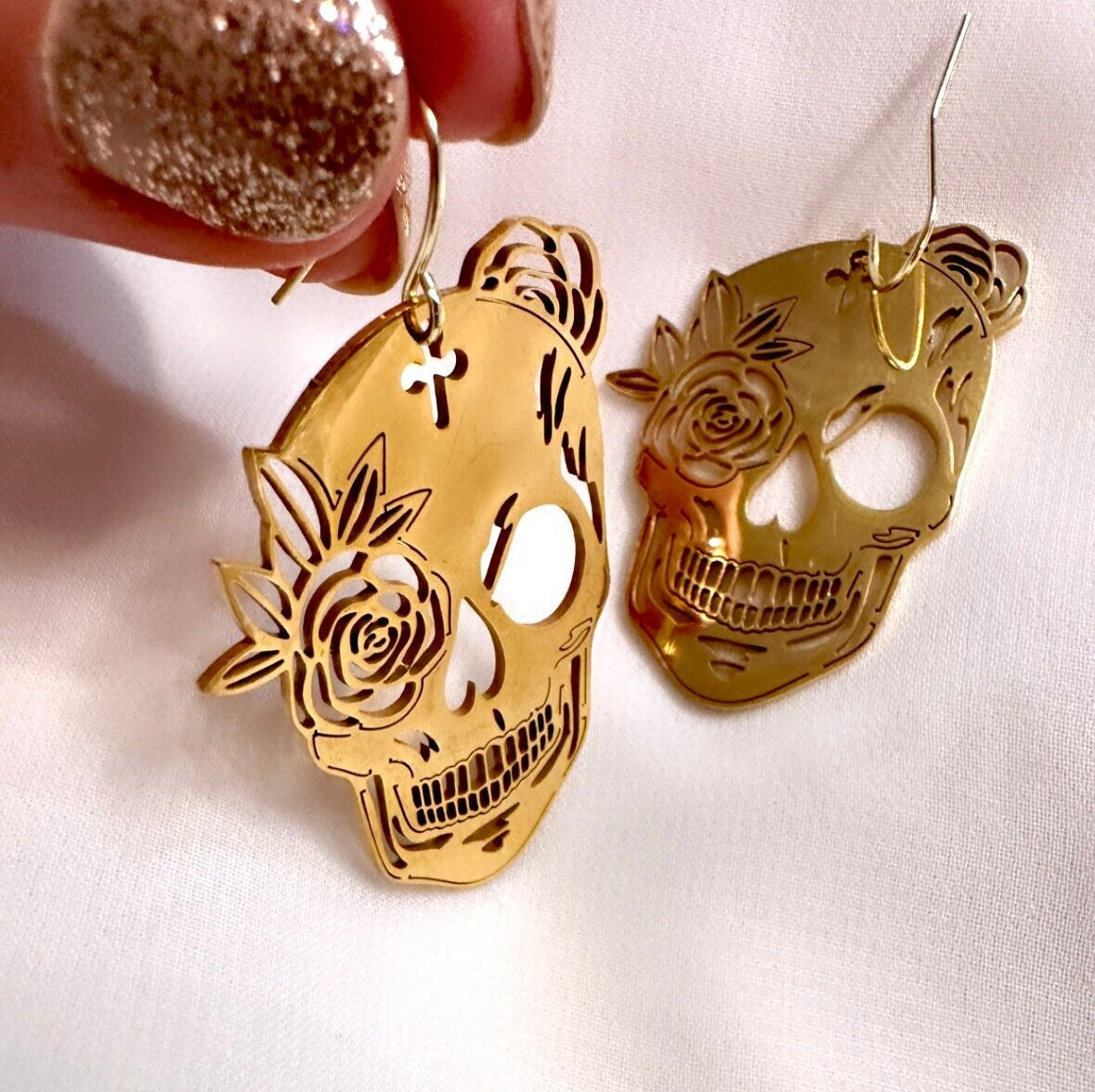 Gold Skull Earrings, Halloween Skull Earrings, Dia De Los Muertos Earrings, Sugar Skull Earrings, Skeleton Earrings Stainless Steel Earrings