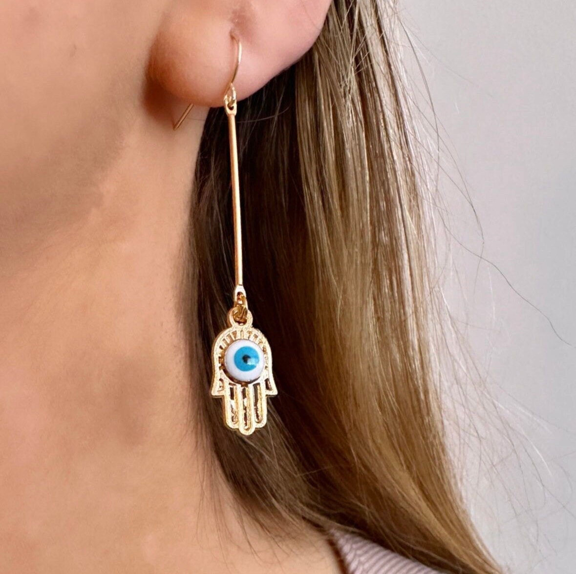 Gold Hamsa Earrings, Evil Eye Dangle Earring, Gold Bar Earrings, Gold Evil Eye Earrings, Hand Of Fatima Earring, Stainless Steel Earrings