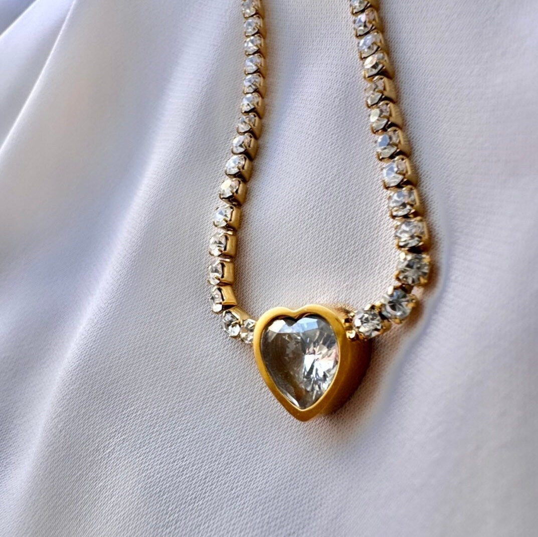 Heart Rhinestone Necklace, Tennis Heart Necklace, Tiny Heart Necklace, Rhinestone Chain Necklace, Anniversary Necklace For Her, Heart Choker