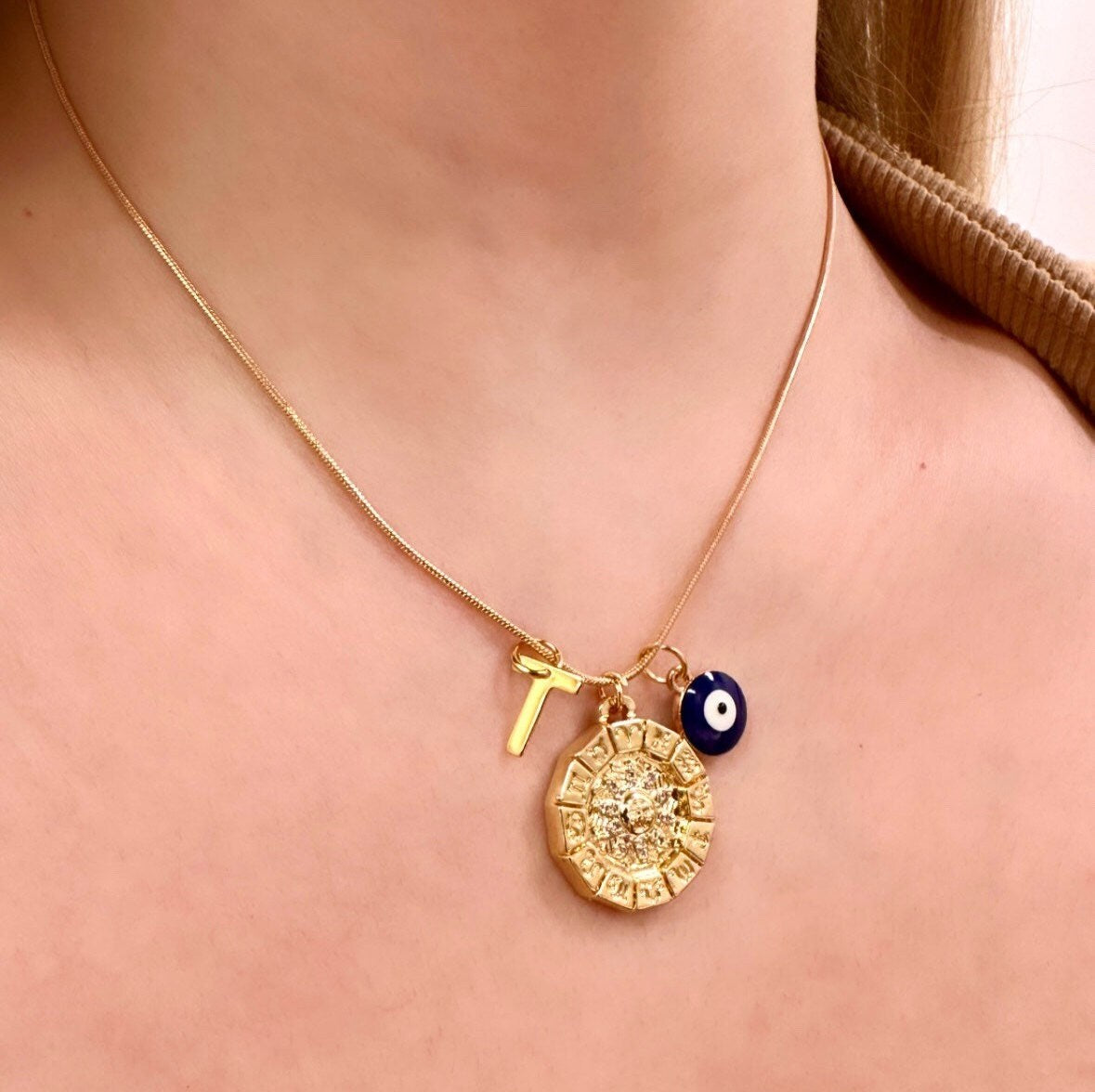 Gold Sun Pendant, Zodiac Necklace, Evil Eye Necklace, Gold Letter Necklace, Gold Sun Necklace, Astrology Necklace Zodiac Sign Necklace