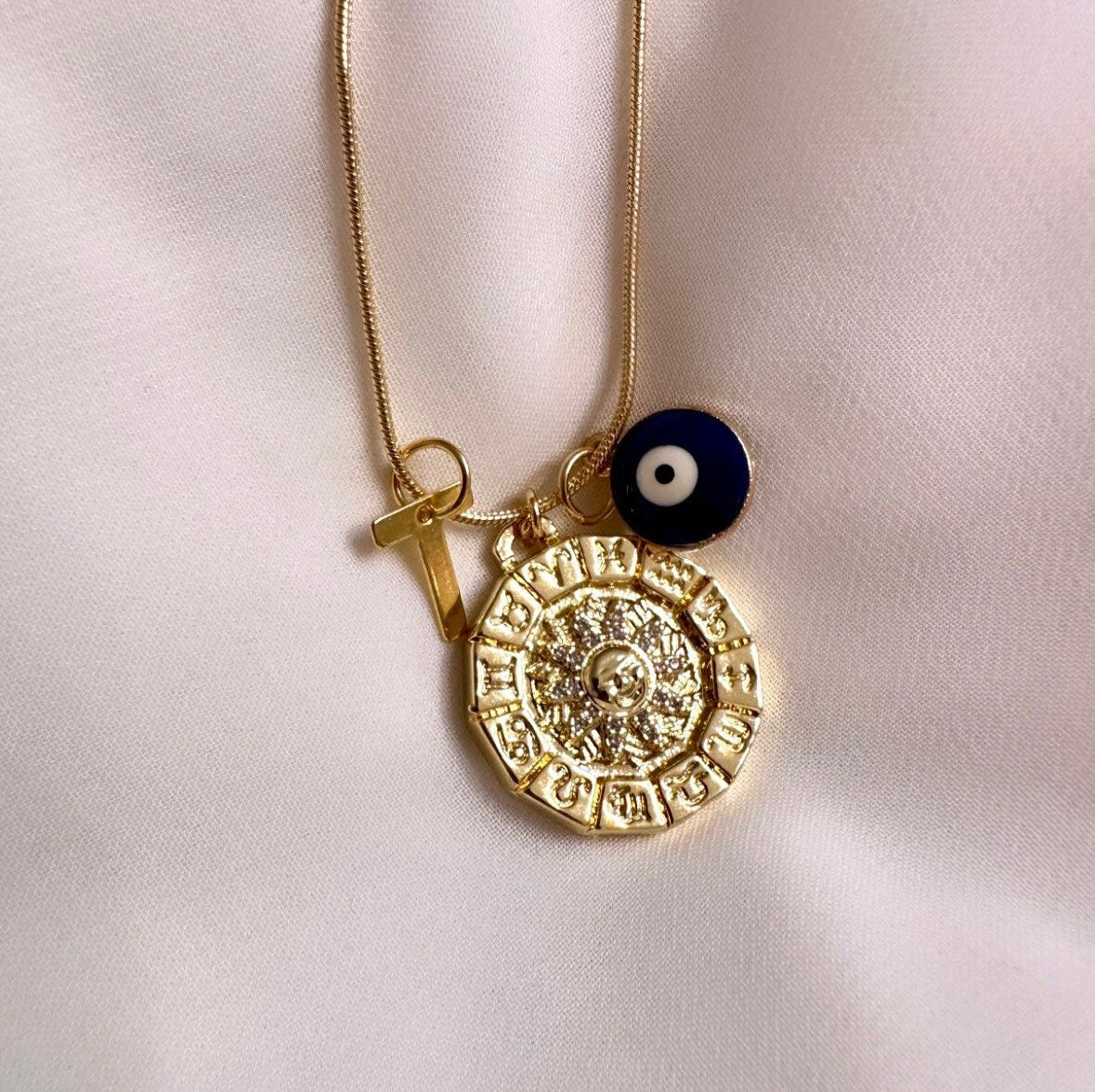 Gold Sun Pendant, Zodiac Necklace, Evil Eye Necklace, Gold Letter Necklace, Gold Sun Necklace, Astrology Necklace Zodiac Sign Necklace