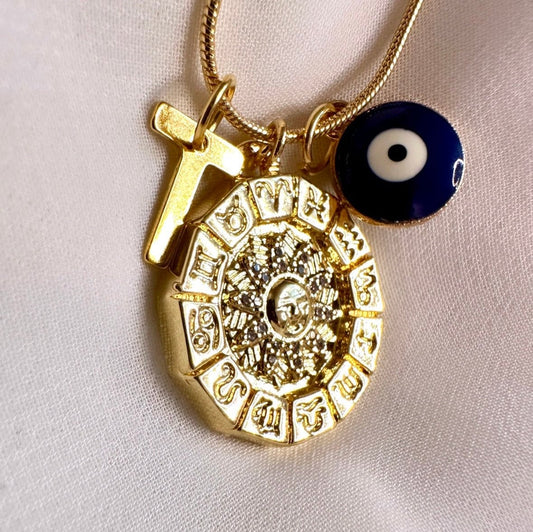 Gold Sun Pendant, Zodiac Necklace, Evil Eye Necklace, Gold Letter Necklace, Gold Sun Necklace, Astrology Necklace Zodiac Sign Necklace