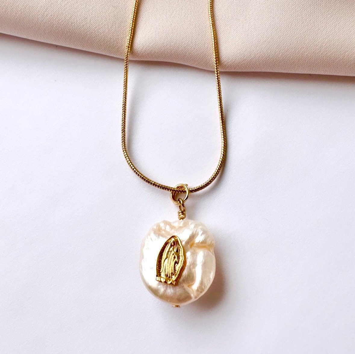 Virgin Mary Pearl Necklace, Virgin Mary Pendant Gold, Our Lady Of Guadalupe Pendant, Baroque Pearl Pendant With Gold, Baptism Gift No Cross