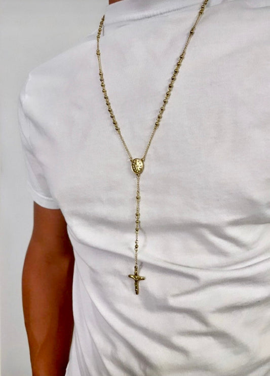 Stainless Steel Rosary - Long Gold Rosary - Men's Gold Rosary - Men's Gold Beaded Rosary - Men's Steel Rosary - Long Gold Religious Necklace