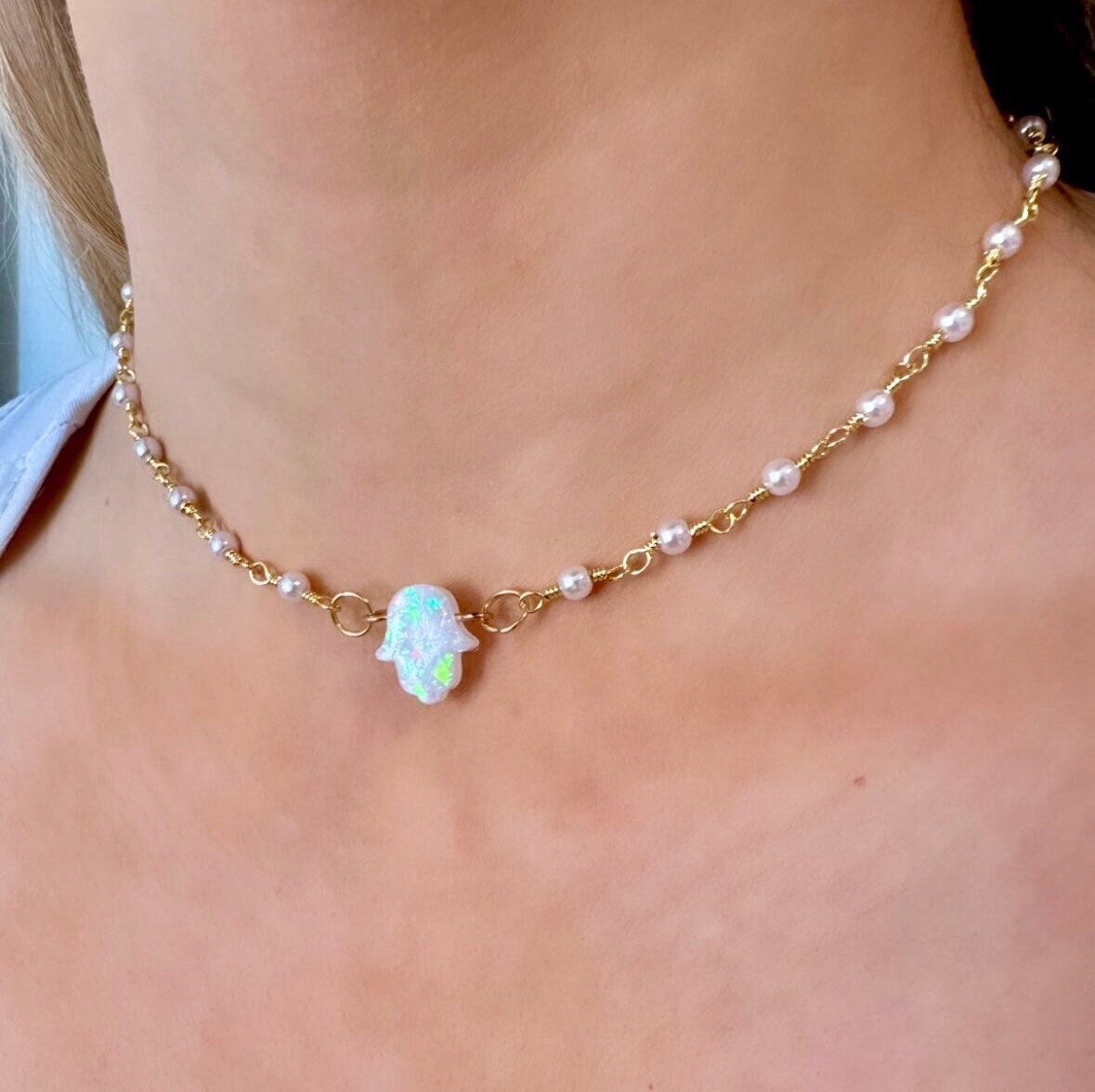 Opal Hamsa Necklace, Opalite Choker, Hand Of Fatima Necklace, Tiny Pearl Bead Necklace, Opal Pearl Necklace, Pearl Hand Chain, Pearl Choker