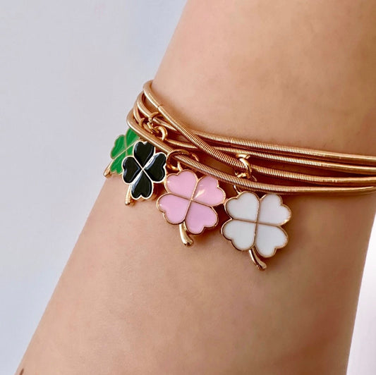 4 Leaf Clover Bangle Bracelet, Clover Charm Bracelet, Pink Clover Bracelet, Shamrock Charm Bracelet, St Patricks Bracelet, Stretch Bangles