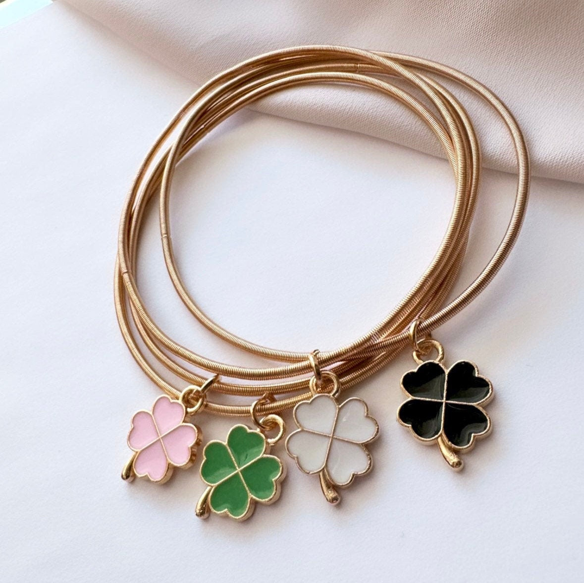 4 Leaf Clover Bangle Bracelet, Clover Charm Bracelet, Pink Clover Bracelet, Shamrock Charm Bracelet, St Patricks Bracelet, Stretch Bangles