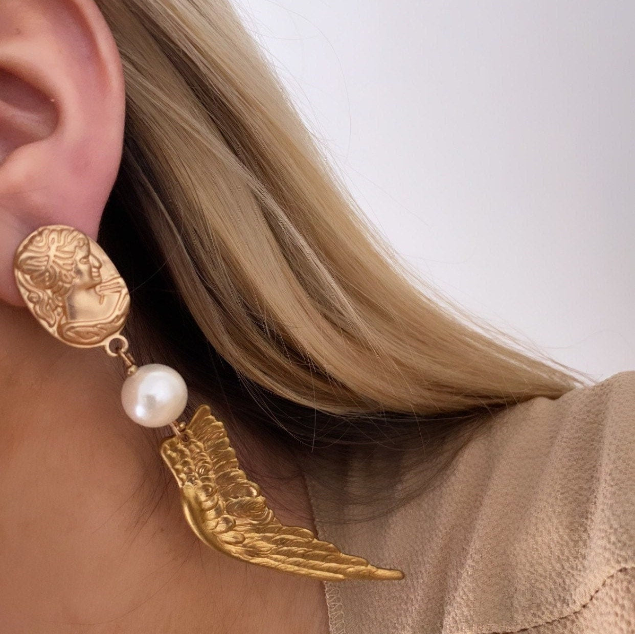 Gold Angel Wing Earrings, Byzantine Earrings, Ancient Rome Earrings, Large Pearl Drop Earrings, Chunky Gold Earrings, Gold Pearl Earrings