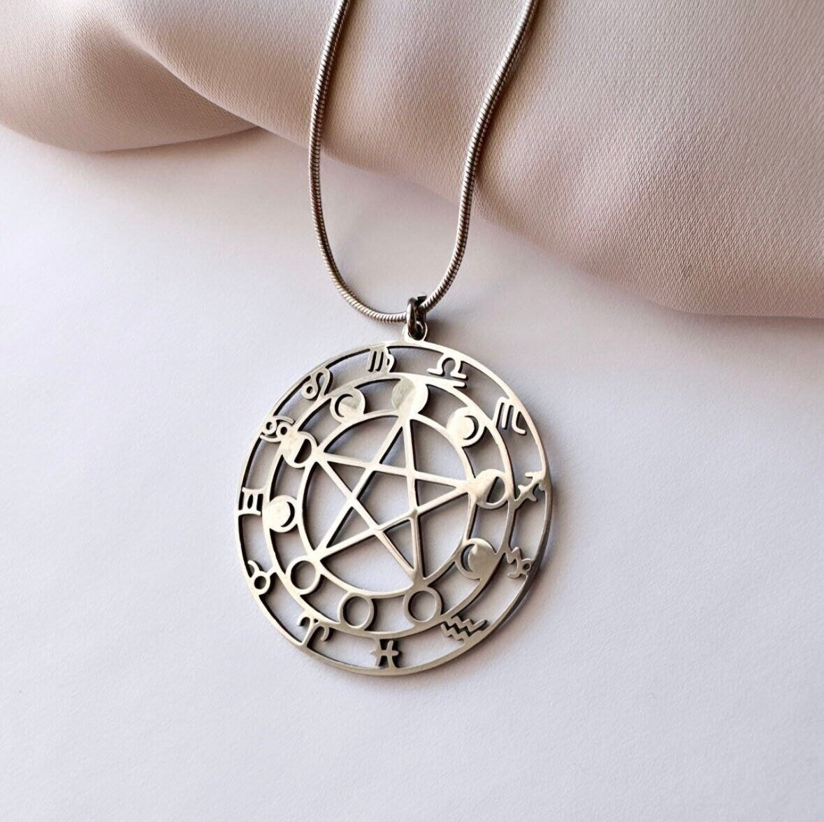 Silver Moon Phase Necklace, Zodiac Signs Necklace, Silver Pentagram Pendant, Astrology Necklace, Witchy Necklace, Silver Moon Necklace