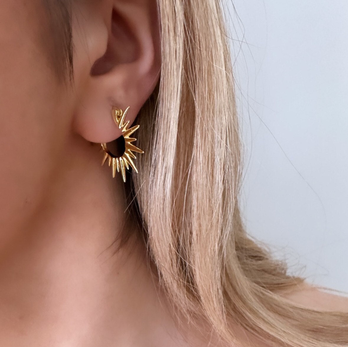 Spike Earrings, Sunburst Earrings, Spike Hoop Earrings, Sun Earrings, Small Gold Hoops, Edgy Earrings, Gold Spike Earrings, Punk Earrings