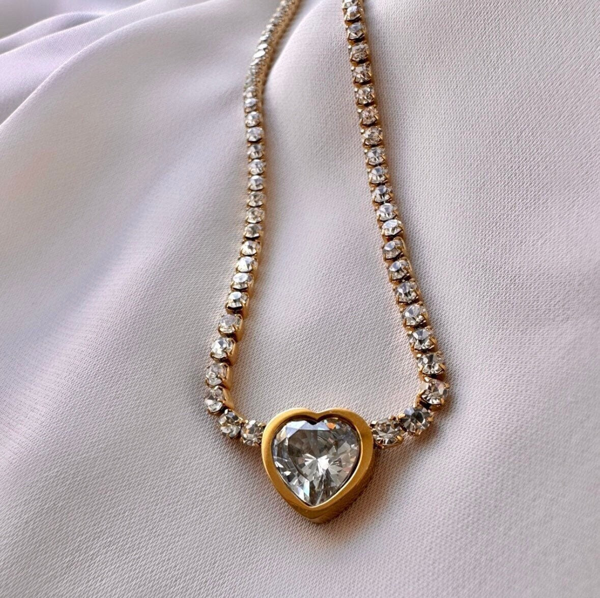 Heart Rhinestone Necklace, Tennis Heart Necklace, Tiny Heart Necklace, Rhinestone Chain Necklace, Anniversary Necklace For Her, Heart Choker