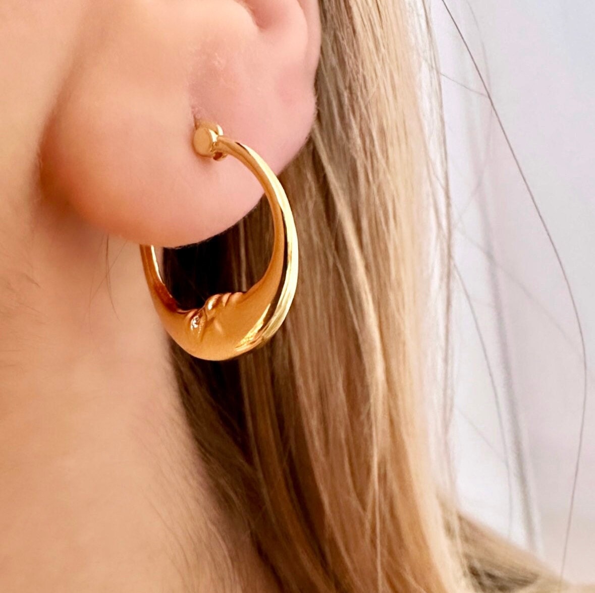 Gold Moon Hoop Earrings, Celestial Earrings, Crescent Moon Hoop Earrings, Hoop Earrings Set, Moon Face Earrings, Half Moon Earrings