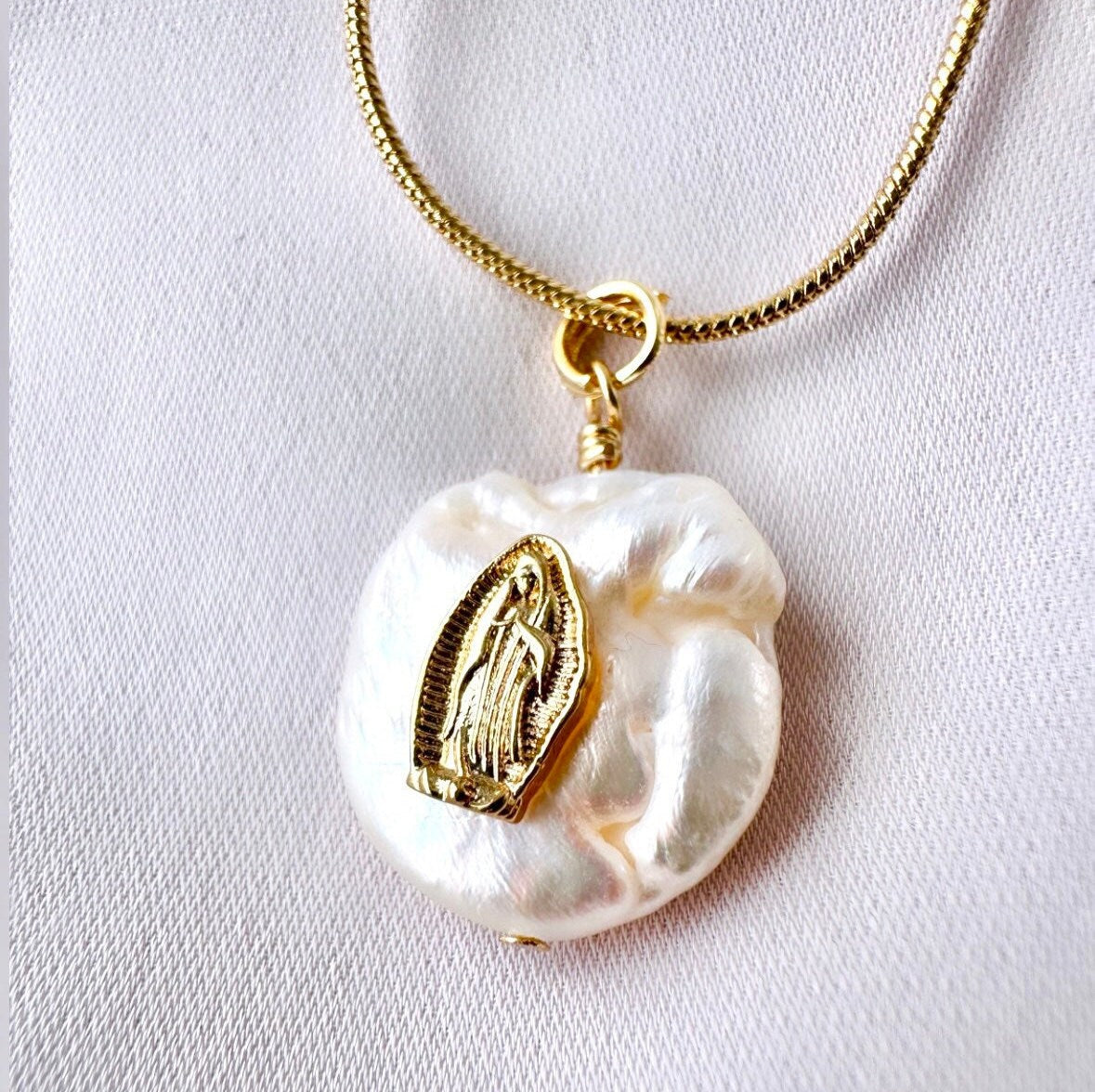 Virgin Mary Pearl Necklace, Virgin Mary Pendant Gold, Our Lady Of Guadalupe Pendant, Baroque Pearl Pendant With Gold, Baptism Gift No Cross