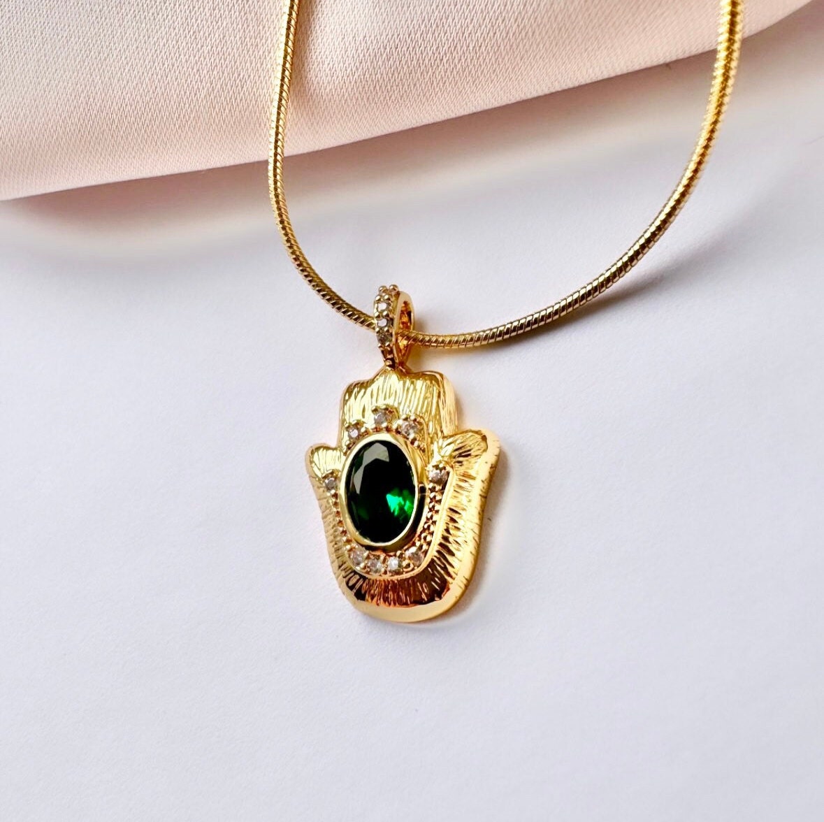 Green Hamsa Necklace, Gold Plated Hamsa Necklace, Hand Of Fatima Necklace Gold, Arabic Pendant, Gold Hamsa Hand Necklace Non Tarnish Pendant