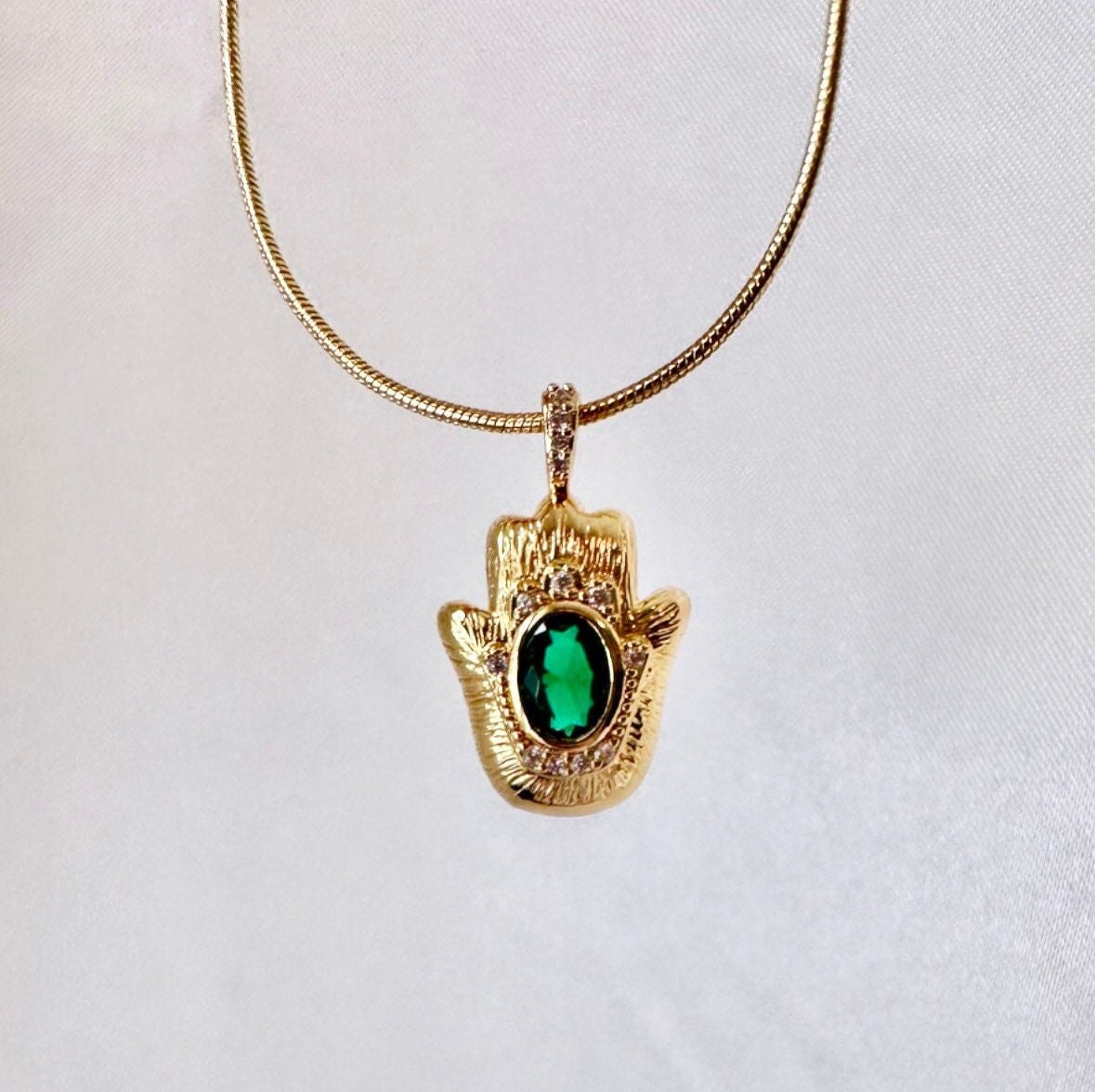 Green Hamsa Necklace, Gold Plated Hamsa Necklace, Hand Of Fatima Necklace Gold, Arabic Pendant, Gold Hamsa Hand Necklace Non Tarnish Pendant