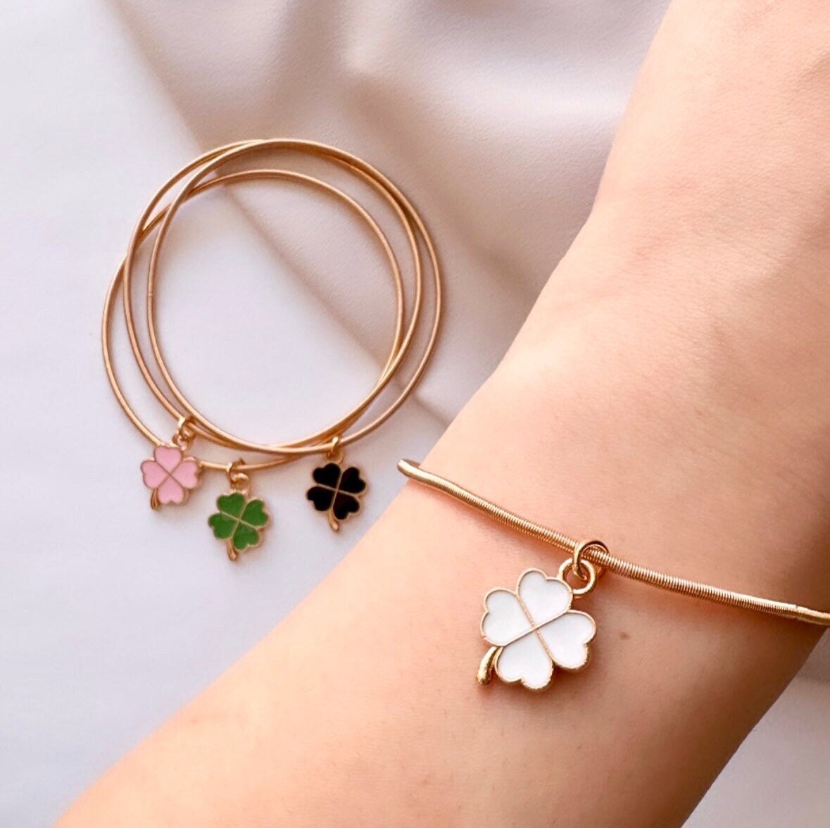 4 Leaf Clover Bangle Bracelet, Clover Charm Bracelet, Pink Clover Bracelet, Shamrock Charm Bracelet, St Patricks Bracelet, Stretch Bangles