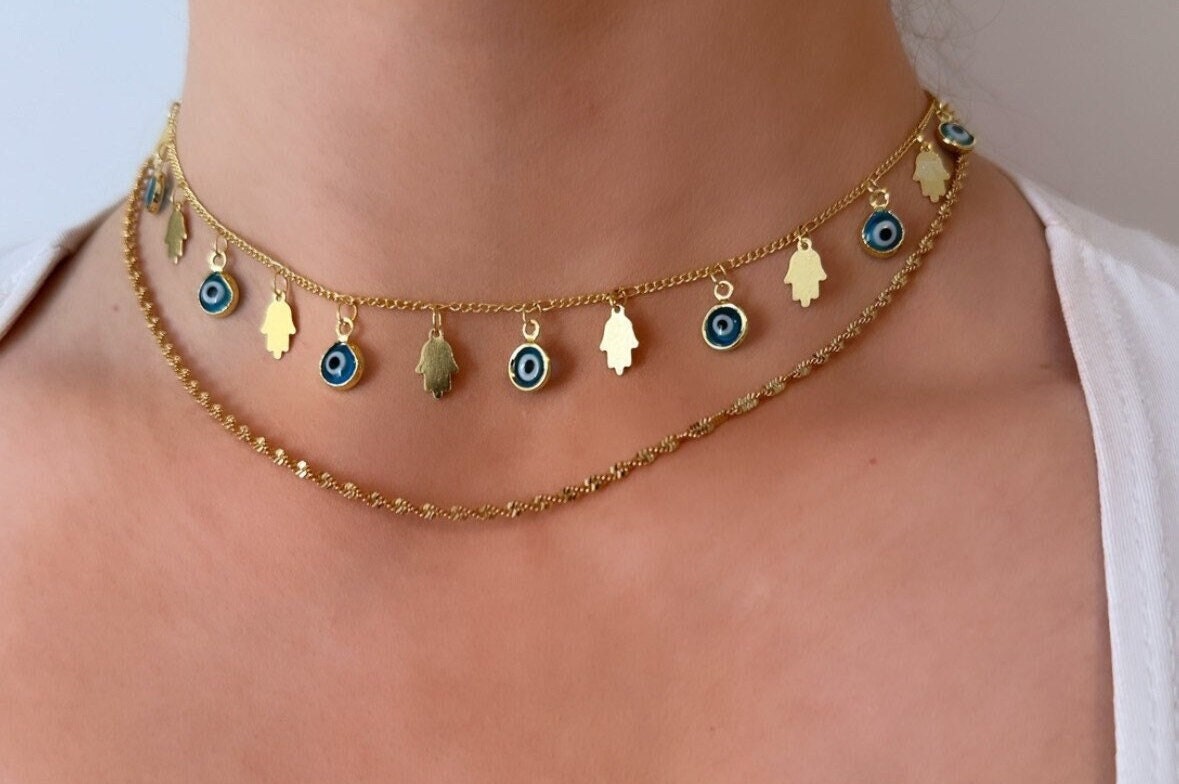 14K Gold Evil Eye Necklace, Layered Hamsa Necklace, Evil Eye Hamsa Hand Pendant, Hamsa Choker, Gold Evil Eye Chain, Gold Rope Chain Necklace