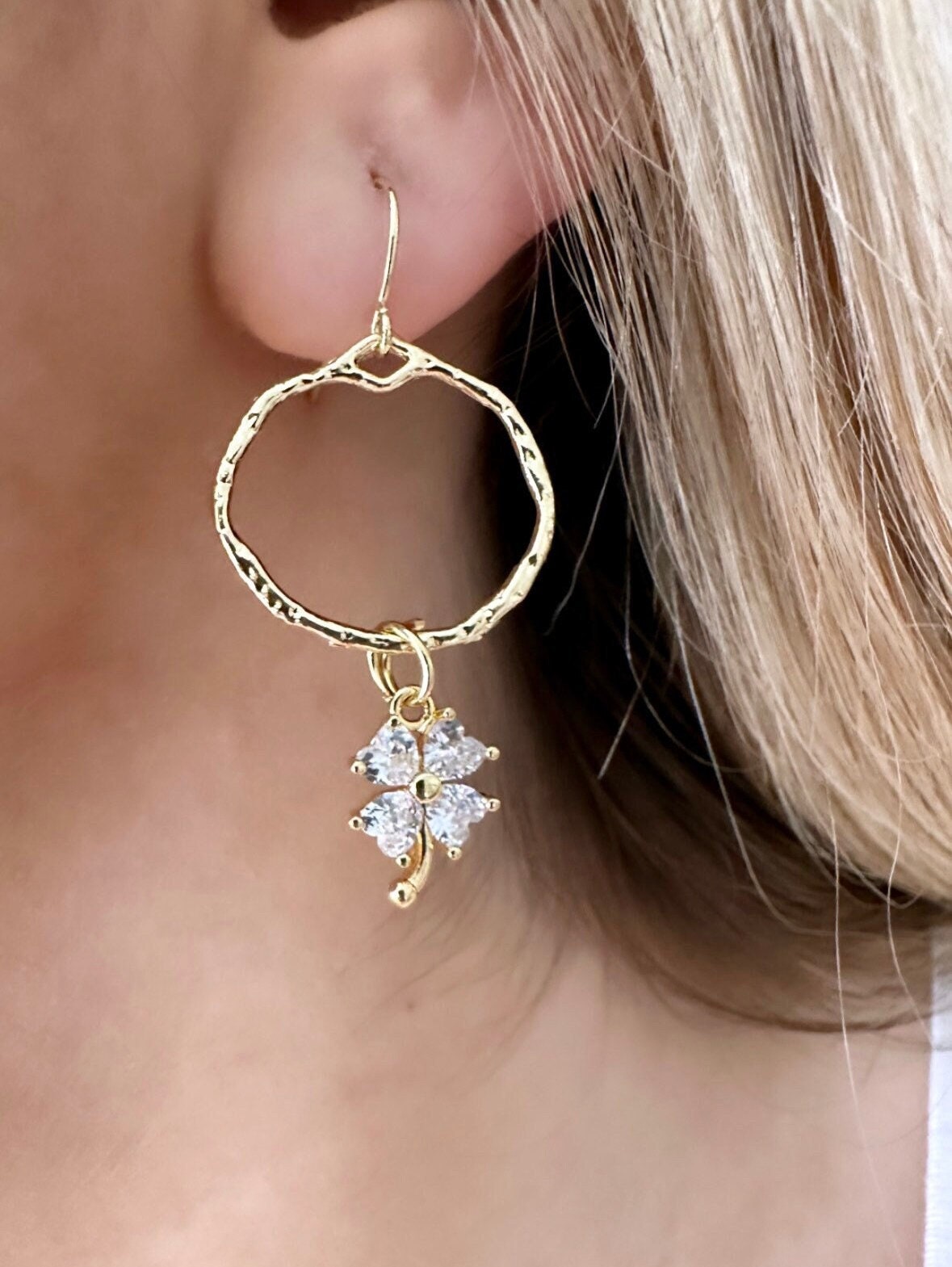 Clover Hoop Earrings, Cz Gold Clover Earrings, Shamrock Earrings Gold, Cz Clover Earrings, Shamrock Earrings, Gold 4 Leaf Clover Earrings