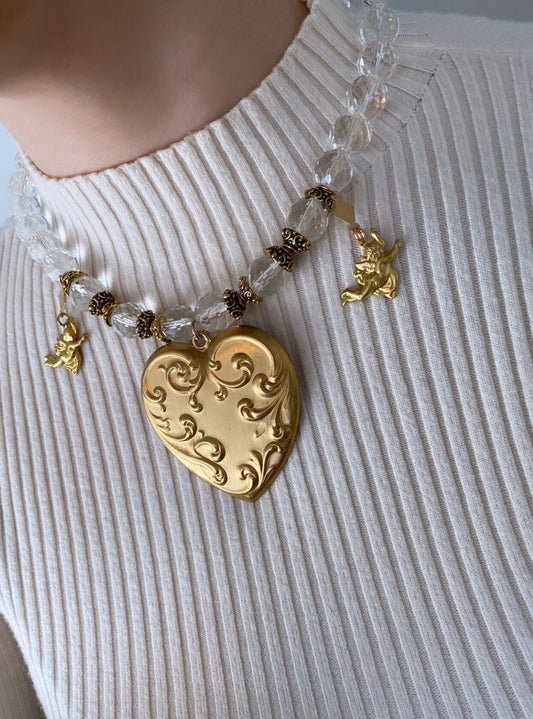 Baroque Heart Necklace, Statement Heart Necklace, Art Nouveau Heart Pendant, Chunky Bead Necklace Women, Cherub Necklace, Clear Necklace