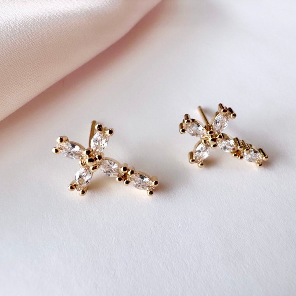 Tiny Cross Stud Earrings, Gold Filled Cross Earrings, Gold Cross Stud, Cz Cross Earring, Small Cross Earrings, Baptism Cross Gift For Her