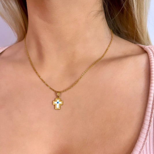 Evil Eye Cross Necklace, Stainless Steel Evil Eye Necklace, Enamel Cross Pendant, Small Cross Necklace, Tarnish Free Cross Necklace