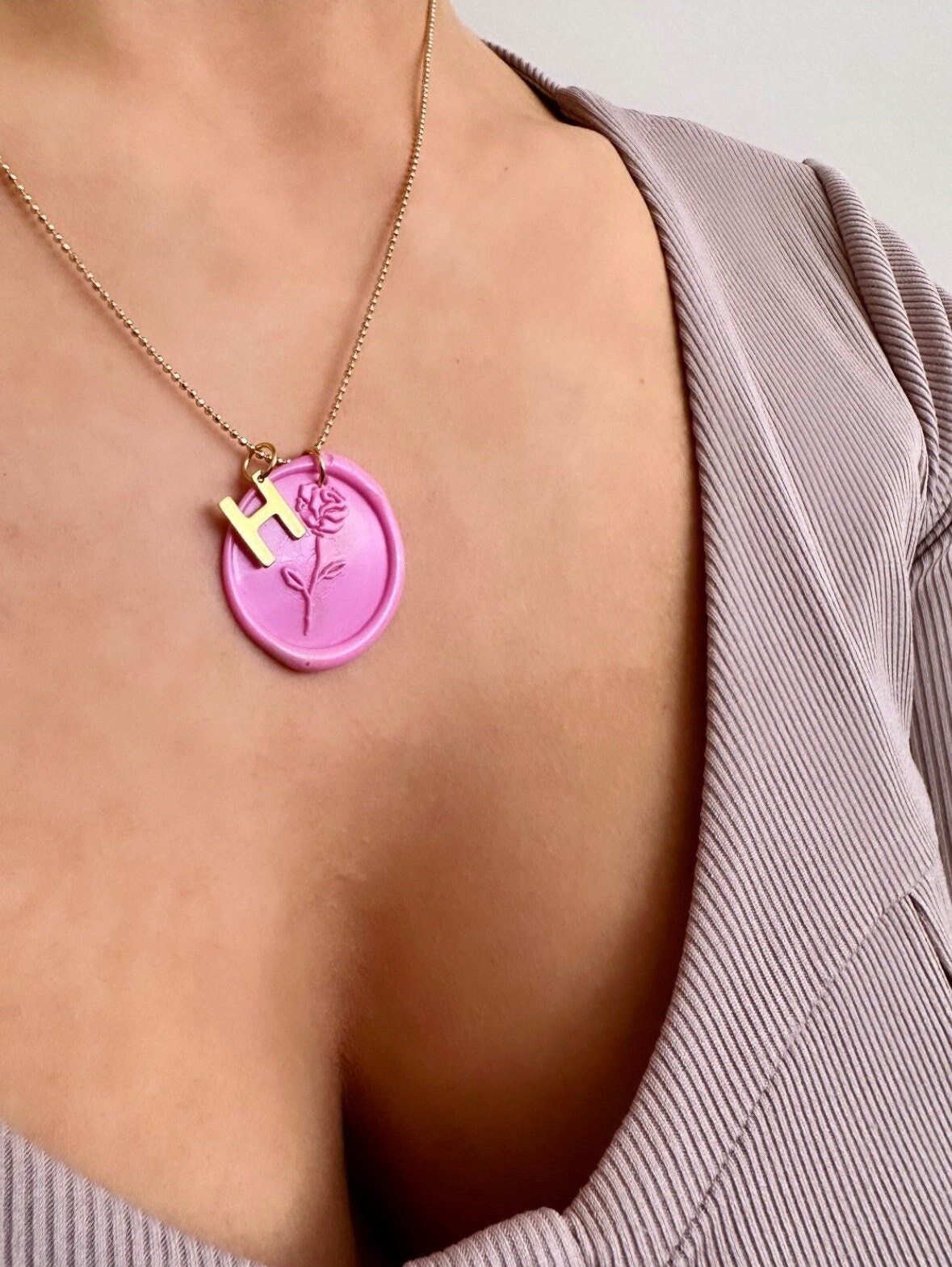 Pink Rose Necklace, Wax Seal Necklace, Custom Letter Necklace, Gold Initial Necklace Stainless Steel, Stamped Flower Necklace, Rose Pendant