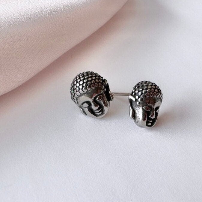 Buddha Earrings, Yoga Earrings, Gunmetal Studs, Buddhist Earring, Non Tarnish Studs, Buddah Jewelry, Yoga Mom Gift, Meditation Gift