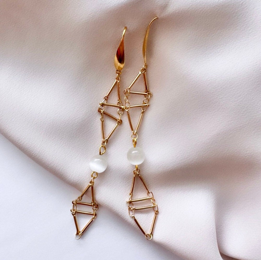 Long Gold Dangle Earrings, Gold Geometric Earrings, Cat Eye Earrings, Bridal Boho Earrings, Boho Dangle Earrings Gold, Vacation Earrings