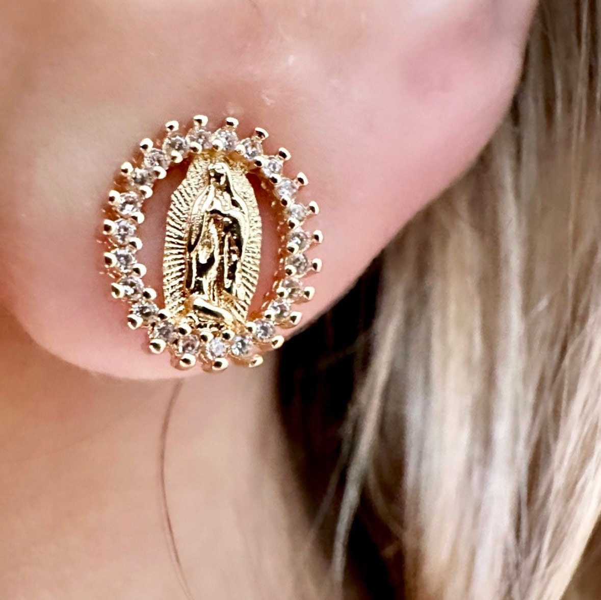 Saint Earrings, Miraculous Medal Earrings, Women Stud Earrings, Virgin Mary Earrings, Small Cubic Zirconia Studs, 18K Gold FIlled Studs